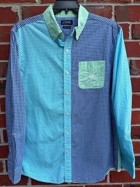 Chaps Easy Care Men’s L Tri Color Block Gingham Button-Down Long Sleeve Shirt F5